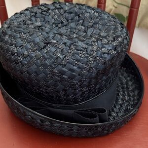 Vintage Navy Woven Straw Boater Hat with Ribbon Trim